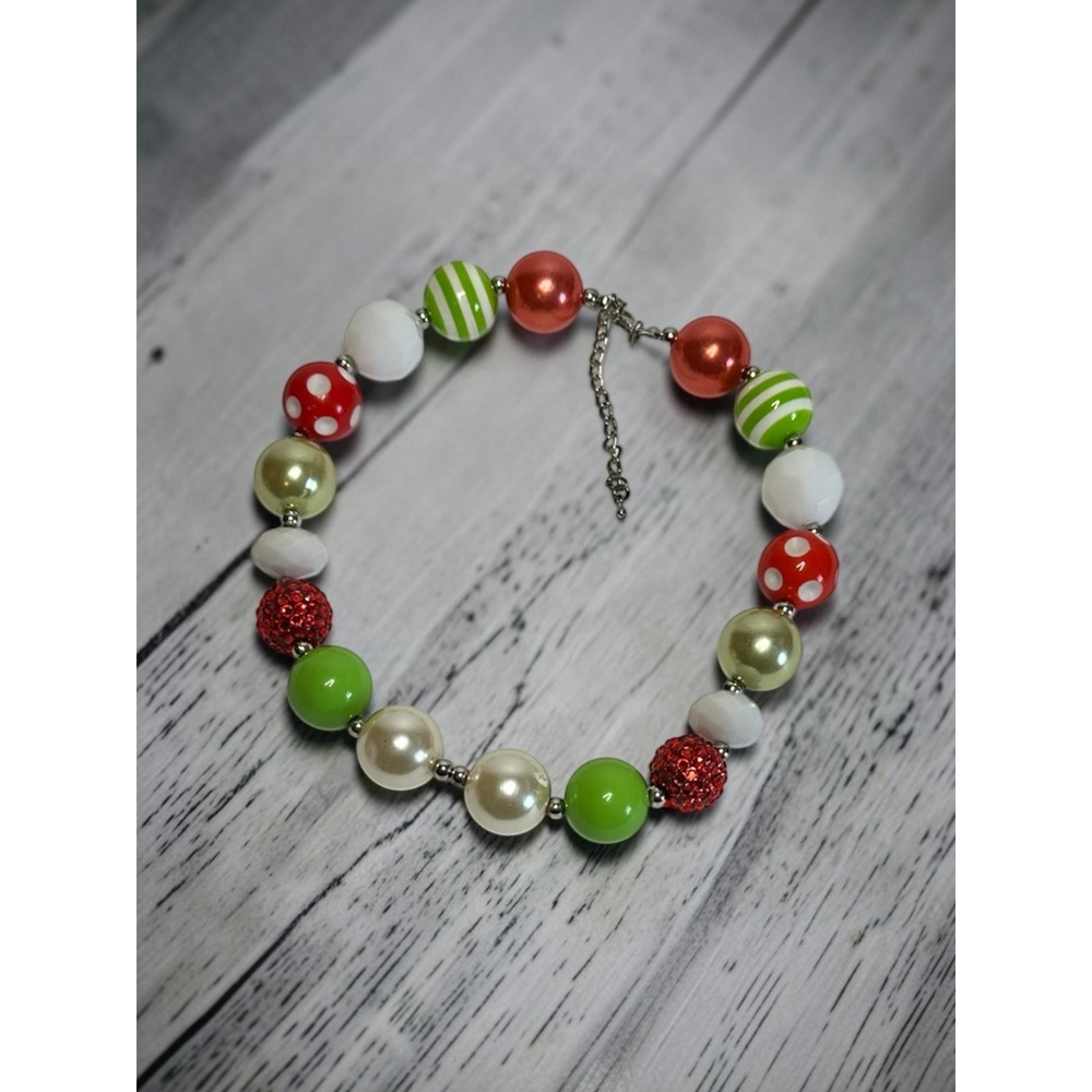 Bubblegum Beaded 20" Necklace Red Green White Christmas Holiday Chunky‎